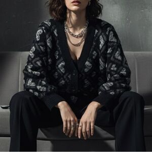 Heart Pattern Lili Sidonio Black Grey Knit Cardigan Sweater Size M